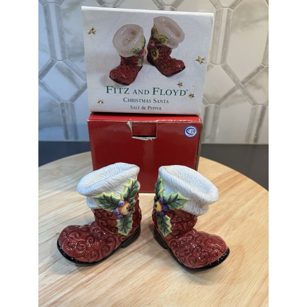 Fitz and Floyd Christmas Santa Boots Red Salt and Pepper Shakers With Box
